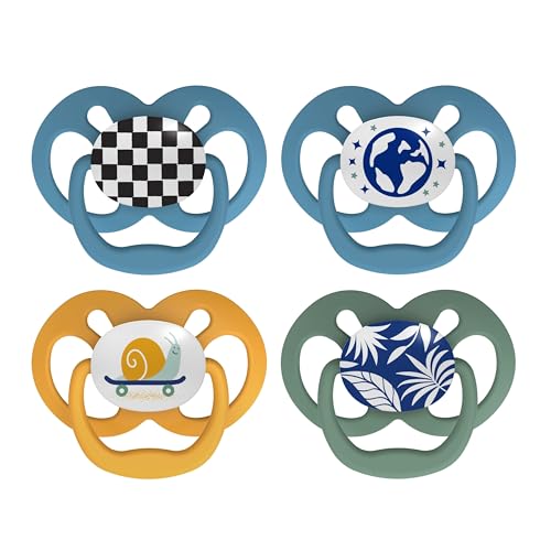 Image of Dr. Brown's Advantage Glow-in-The-Dark Baby Pacifier, Fully Symmetrical Soother with Soft Silicone Bulb, Skateboard Snail-Blue Nature, 6-18m, BPA Free, 4 Pack