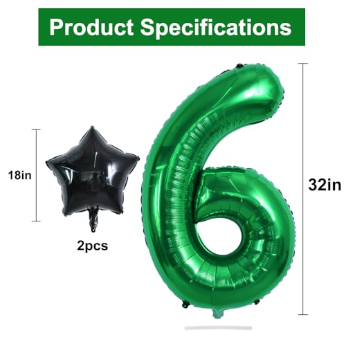 Image of TONIFUL 32 Inch Soccer Balloons Set 6st Birthday Decoration Green Number 6 Foil Soccer Balloon Black Star Balloons for Children's Boys Birthday Party Football Themed Party Supplies