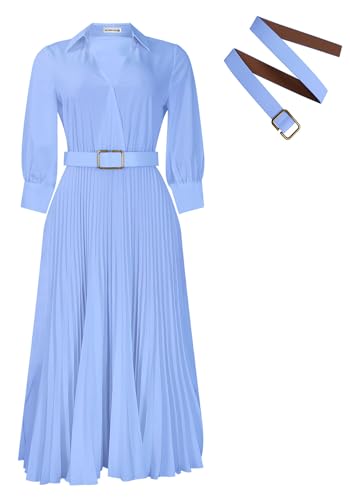 Image of Famnbro Womens Pleated Dress V Neck Long Sleeve A line Church Formal Works Business Dresses with Belt