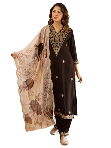 Image of INDO ERA Women's Rayon Viscose Rayon Embroidered Straight Kurta & Salwar with Dupatta Set