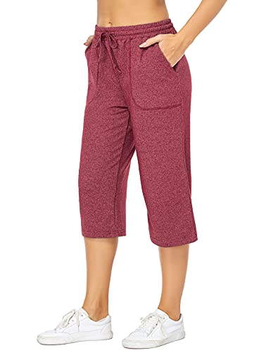 Hibelle Women's Capris and Cropped Pants, Ladies Jersey Capri Yoga Pants Drawstring Comfy Loose Lounge Casual Work Office Crop Jogging Running Excercise Sweatpants Wine Medium