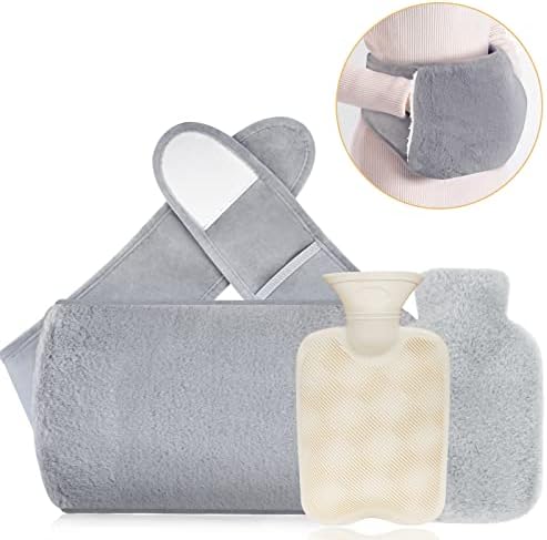 AQhui Hot Water Bottle with Waist Cover, Fluffy Hot Water Bottle Pouch with Soft Belt, Furry Wrap Around Wearable Hot Water Bottle, Grey Warm Water Bag for Period, Neck, Back, Shoulder Pain Relief
