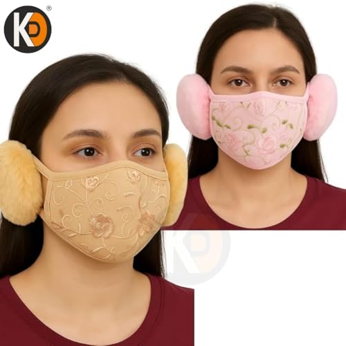 Image of K D Women & Girls Warm Winter Mask with Earmuffs | Flannel + Cotton Face Cover | Reusable, Washable & Breathable | Cold, Wind & Dust Protection (Pack of 2) (Random Color)