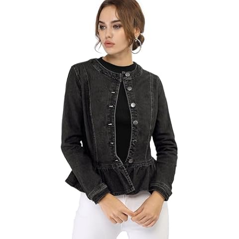 Allegra K Women's Cropped Denim Peplum Jacket Cover