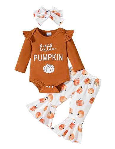 Image of Tinypainter Halloween/Thanksgiving Baby Girl Outfit Pumpkin Romper+Flared Pants Infant Fall Clothes 0-18M