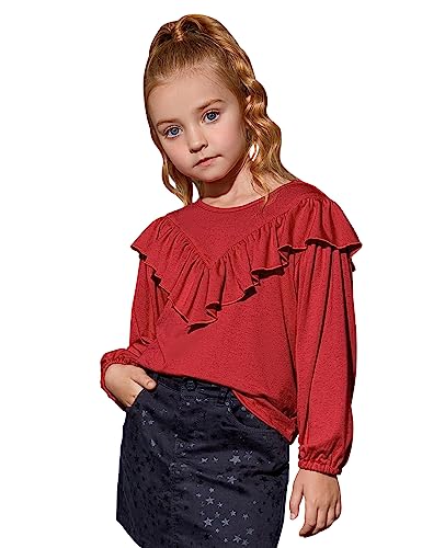 Image of Girls Long Sleeve Ruffle Tops Winter Tunic Fall Tops Round Neck Blouse Solid Color