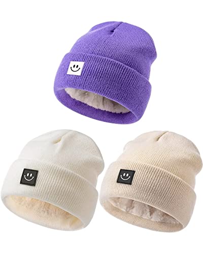 Image of Hispeka Baby Beanie Hat 3 Packs with Cute Smiley Face, Toddler Girls Boys Baby Hats Winter, Kids Winter Hat Cold Weather