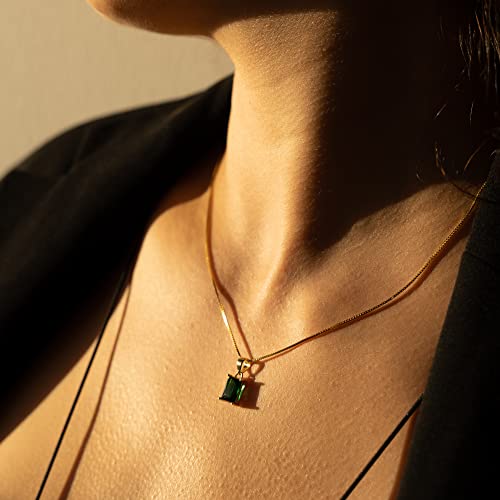 Baguette CZ Pendant Necklace | 14K Gold Plated Sterling Silver | Emerald Baguette Pendant Dainty Box Chain Necklace 18''3