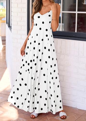 Image of KIRUNDO Womens Polka Dot Spaghetti Strap Flowy Maxi Dress | Sleeveless V Neck Boho Long Dresses, 2026 Summer Beach Vacation Cruise Outfits, A-Line Backless Sundress With Pockets