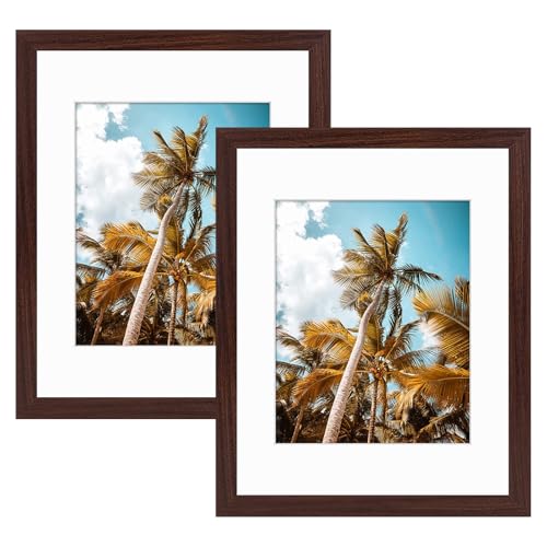 Image of Frametory, 11x14 Picture Frame with Mat for 8x10 Photo - High Definition Glass Wide Molding - Preinstalled Wall Mounting Hardware (Walnut, 2 Pack)