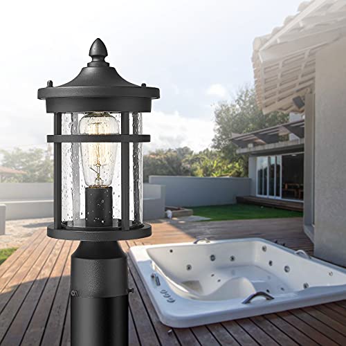 Diyel Outdoor Post Light Fixture, 13.8" Exterior Pillar Lantern With Black Finish And Seeded Glass, Exterior Post Lamp, Rz002-P Bk #TOP4