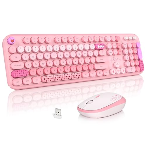 Image of Atelus Wireless Keyboard and Mouse, Typewriter Full Size Keyboard with Number Pad and 2 in 1 USB Connected Mouse for Windows 7 /8 /10, Laptop, Desktop, PC, Computer (Pink Colorful)