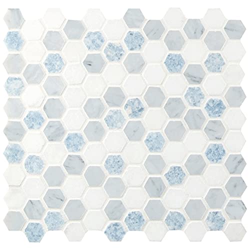Msi Azula Hex Polished Marble Hexagon Tile For Kitchen Backsplash, Floor Tile, Wall Tile For Bathroom, Shower Wall Tile, Mesh Mounted Mosaic Tile, Azul Cool White, Sample #TOP4