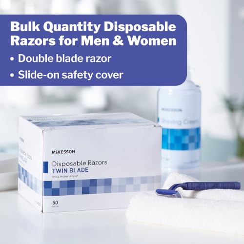 Image of McKesson Disposable Razors, Shaving Razor, Twin Blade, Stainless Steel Blade, Blue, 50 Count, 1 Pack