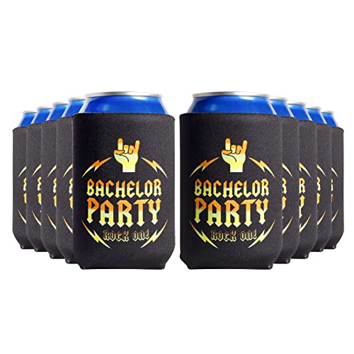 Bachelor Party Can Coolie - Pack of 10 Can Coolers with Gold Text "Bachelor Party - Rock On!" | Bachelor Party Favors for Men Team Groom Cup Bachelor Party Decorations Groom Supplies Beer Wedding