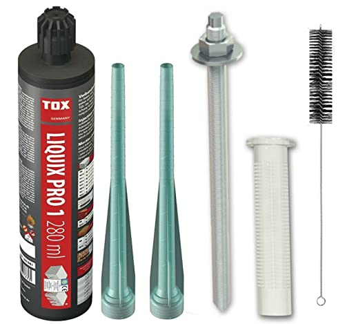 TOX Schwerlastbefestigungs Injektionsmörtel Set 4 Stück M8x110 Stix Ankerstange EDELSTAHL A4 + 4 Stück Siebhülse + 1 Stück Montagemörtel mit Statikmischer + BTG Bürste