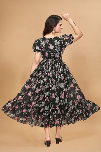 Image of Women's Georgette Dresses Floral Printed One Piece Stylish Long Maxi Western Frock Midi Dress for Women (Puffed Sleeves) for Gals