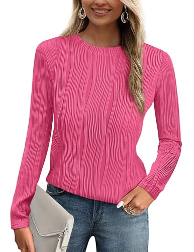 PRETTYGARDEN Long Sleeve Tops for Women 2025 Spring Fall Trendy Business Dressy Casual Shirts Crewneck Textured Blouse
