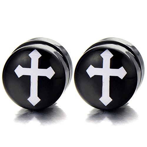 10MM Magnetic Black Circle Cross Stud Earrings for Men Women, Non-Piercing Clip On Fake Ear Plugs Gauges
