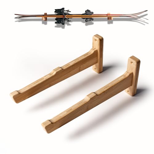 Vagabond Racks 2 Ski Rack – Horizontal Wall Mount Ski Storage Rack for Garage or Home – Eco-Friendly Bamboo Ski Organizer, Heavy-Duty and Easy to Install Wall Hanger (Two Ski)
