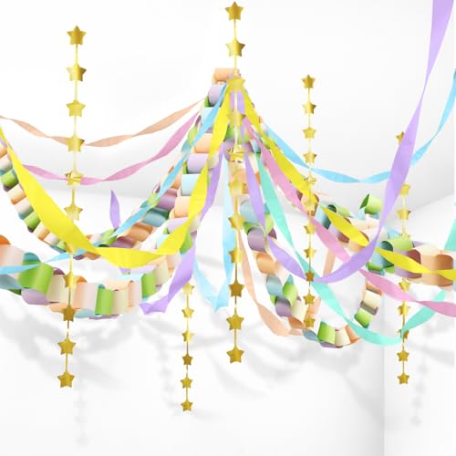 Gueevin Fancy Birthday Whimsical Party Decor 600 Sheets Pastel Paper Chain Garland 2 Pack Star Curtains 492 ft Pastel Crepe Paper Streamers Party Decor for Whimsical Fancy Birthday Supplies