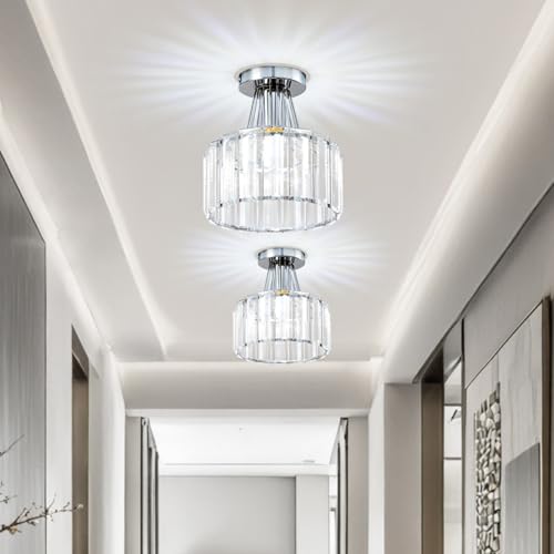 Image of Warmiehomy 2 Pack Crystal Ceiling Light,20cm Hallway Ceiling Lamp with E27 Base,20W Industrial LED Chandeliers Ceiling Lighting for Bedroom Entrance Kitchen, Chrome
