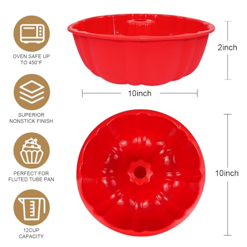 ASBAYSON 10 inch Silicone Bundt Cake Pan, Non-Stick Silicone Fluted Pans, ome Baking DIY Cake Mold for Cake, Jelly, Bread, Chocolate, Para Gelatinas (Red) (Red, 1 Pack)