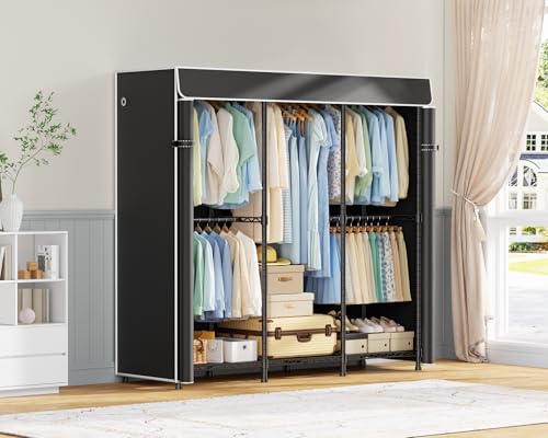 ULIFHOME E14C Heavy Duty Closet Organizer System,Freestanding Clothing Racks for Hanging Clothes,Adjustable Garment Rack 58" W × 16" D × 77" H Hold 860 lbs,Black Rack with Black Dustproof Cover - Image 8