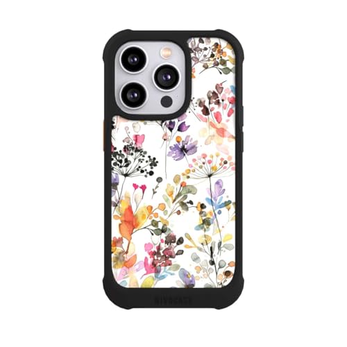 Coque iPhone 14 Pro antichoc MagSafe NIVOmax protection fleurs pastel noire