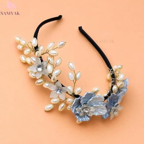 Image of Samyak Pearl & Crystal Hair Band Accessories For Women & Girls, Stylish Tiara Headband For Wedding Party Juda Bun Fashion For Bridal Hair Decoration Accessory