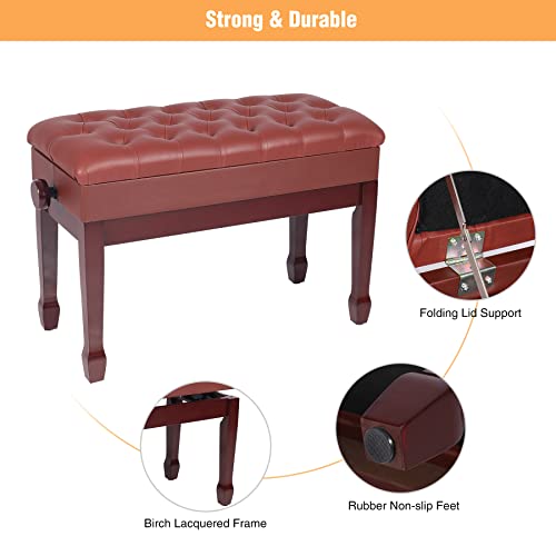 Akvombi Duet Piano Bench Adjustable Height, Solid Wood Piano Bench With Storage, Piano Keyboard Stool Bench, Piano Chair Padded For Kid, Red Brown, 28.7" W X 13.4" D X 20" H #TOP3