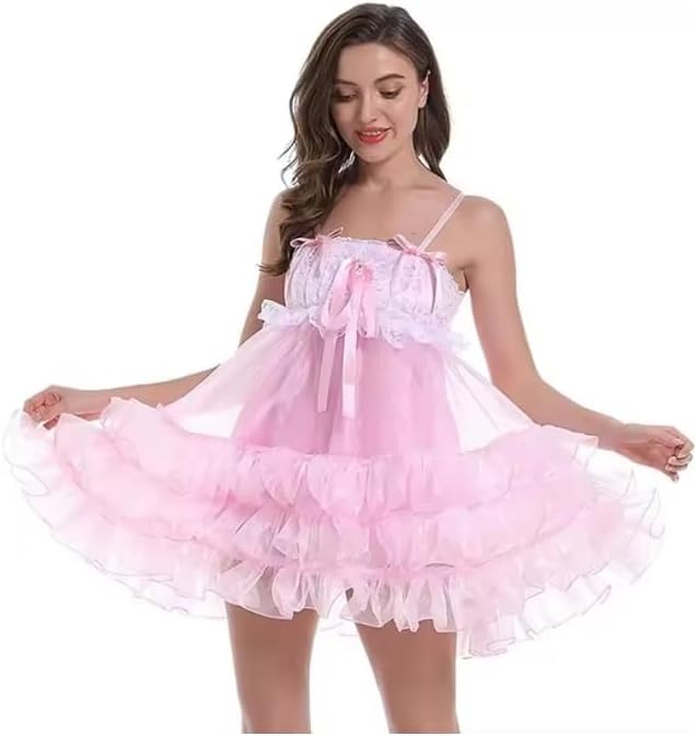Suspender with Pink Inlay and Patchwork Organza Sheer Dress Multi-Layer Pleated Hem Women