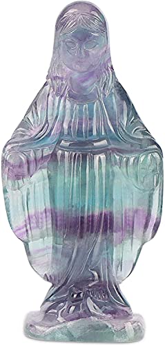 Artistone Rainbow Fluorite Crystal Blessed Virgin Mother Mary Statue 3 Inch Carved Gemstone Catholic Our Lady Of Grace Virgin Mary Religious Figurine Sculpture Reiki Healing Stone Home Decor #TOP24