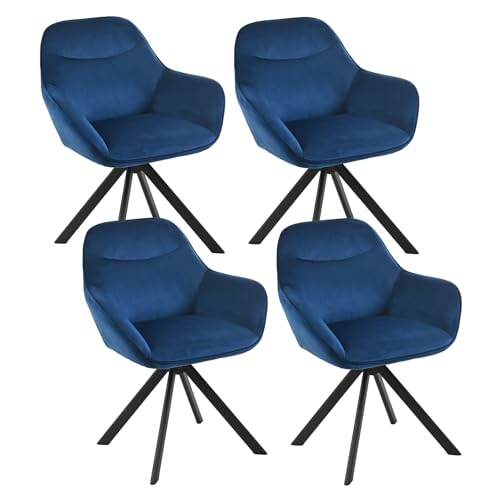 Goeurvant Lot de 4 Chaise Pivotante Velours Salle à Manger à 360° avec Accoudoirs Chaise de Cuisine Fauteuil Pieds en Métal pour Salon, Bleu Foncé
