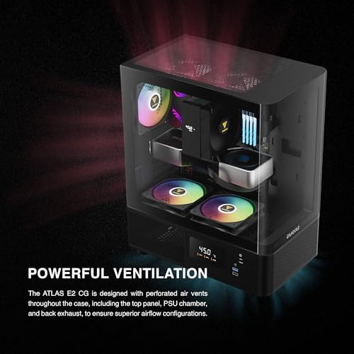 GAMDIAS ATLAS E2 Gaming ATX Mid Tower Computer PC Case, Customized Digital Display w/Software, 3 x 120mm ARGB Fans (2 Reverse), Curved Side Tempered Glass, Perforated Airflow Vent PSU Chamber, White