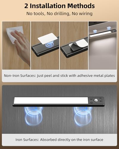 Image of EZVALO Under Cabinet Lighting, 3500mAh Rechargeable Motion Sensor Light Indoor, 3 Color Temps, 5-Level Dimmable Magnetic Wireless Closet Lights for Kitchen, Stairs (Black, 2 Pack)