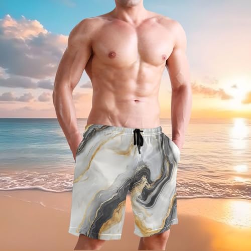 Black White Gold Marble Men's Swim Trunks Quick Dry Novelty Beach Shorts Swimming Board Shorts with Pockets2