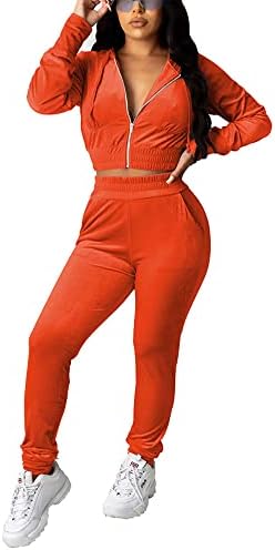 PINSV 2 Piece Outfits Velour Tracksuit For Women Zip Up Hoodie Velvet Jogging Sweatsuit Workout Sets Orange L