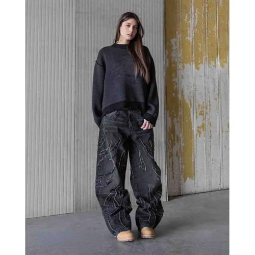 Y2K Jeans Men's Hip-hop Retro Flame Splicing Wide Leg Women's Gothic Straight Tube Loose Jeans4