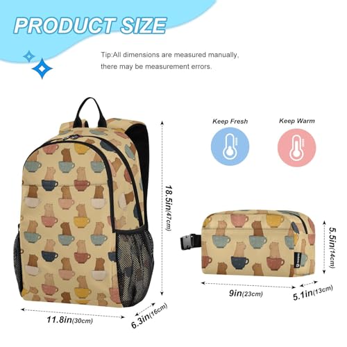 Kids Backpack Capybara Cups Beige Cute School Bookbag with Lunch Bag for Boys Girls Preschool Kindergarten Elementary Laptop Daypack2