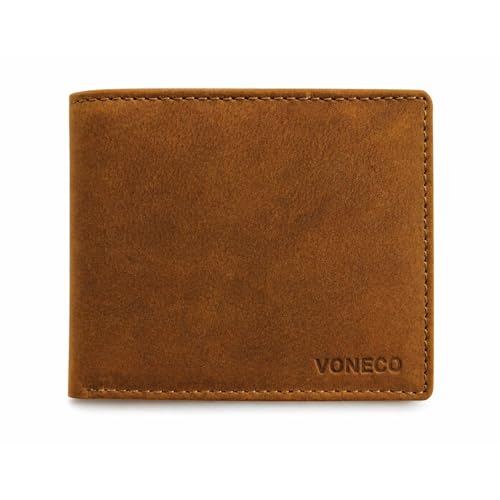 VONECO Mens Genuine Leather Wallet Light Brown RFID Blocking Bi-Fold Wallet Premium Leather Wallet for Men with Multiple Card Slots Cash Compartments Slim Stylish Everyday Wallet Gift for Men