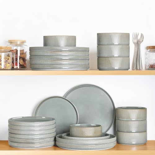 Image of Ceramic Dinnerware Set for 6, 18-Piece Plates and Bowls Set | Lightweight Porcelain Dish Set, Scratch Resistant, Oven & Microwave & Dishwasher Safe, Desert Sage