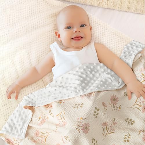Image of GLLQUEN BABY Blankets for Girls, Soft Muslin Cotton Front Dotted Fleece Backing, Nursery Minky Crib Blanket for Infant Toddler, 30 x 40 inches Throw Blanket, Pink Floral