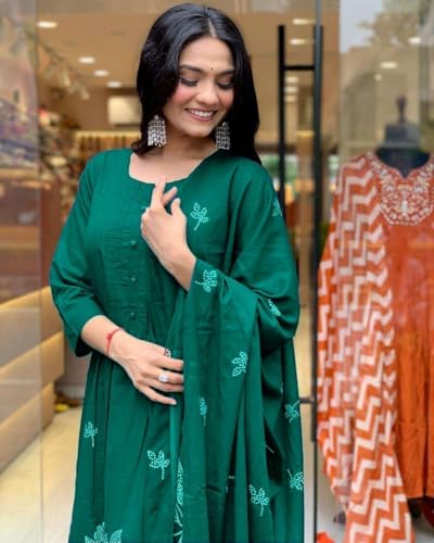 Image of Women's Cotton Embroidery Floral Printed Long Straight Kurti With Pant And Dupatta Set