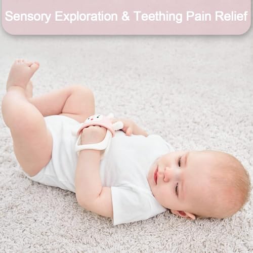 Image of Reindeer Organic Baby Toys 0-6Months, Mitten for 3-6Months, Easy to Hold Stem with Chewing Nubs for Teething Pain Relief for 6-12Months Babies, (Rose Pink)