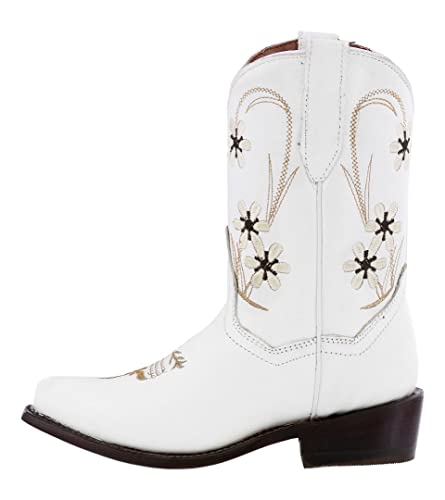 Kids White Flower Embroidered Western Cowboy Boots Snip Toe