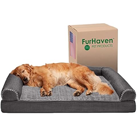 Furhaven Orthopedic Dog Bed for Large Dogs w/ Removable Bolsters & Washable Cover, For Dogs Up to 95 lbs - Luxe Faux Fur & Performance Linen Sofa - Charcoal, Jumbo/XL Cover