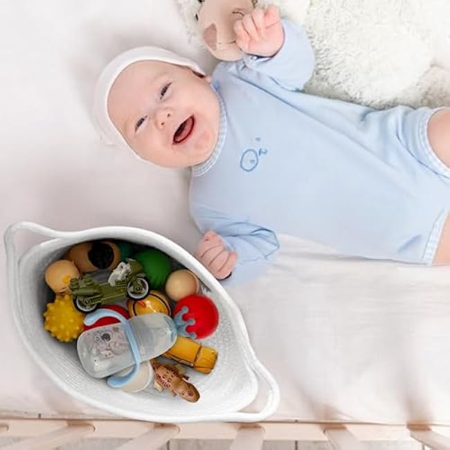 White Small Woven Basket, 13¡± x 9¡± x 5¡± Baskets for Gifts Empty Cotton Rope, Cute Nursery Baby Storage Organizer, Wicker Cat Toy Bin Box with Handles, Empty Gift Basket for Mother's Day