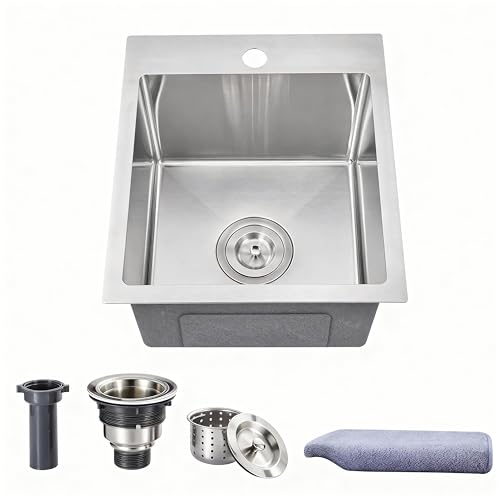 Drop In Bar Sink 15x13 Inch Topmount RV Small Kitchen Sink 16 Gauge Handmade 304 Stainless Steel Outdoor Single Bowl Bar Sink with Strainer Towel
