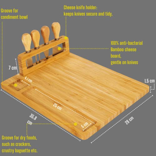 Giggi Bamboo Cheese Board Gift set | Cheese Board with 4 Piece Cheese knives | Charcuterie Board | Cheese board and knife set for Birthday Gifts Parties Perfect Cheese board set